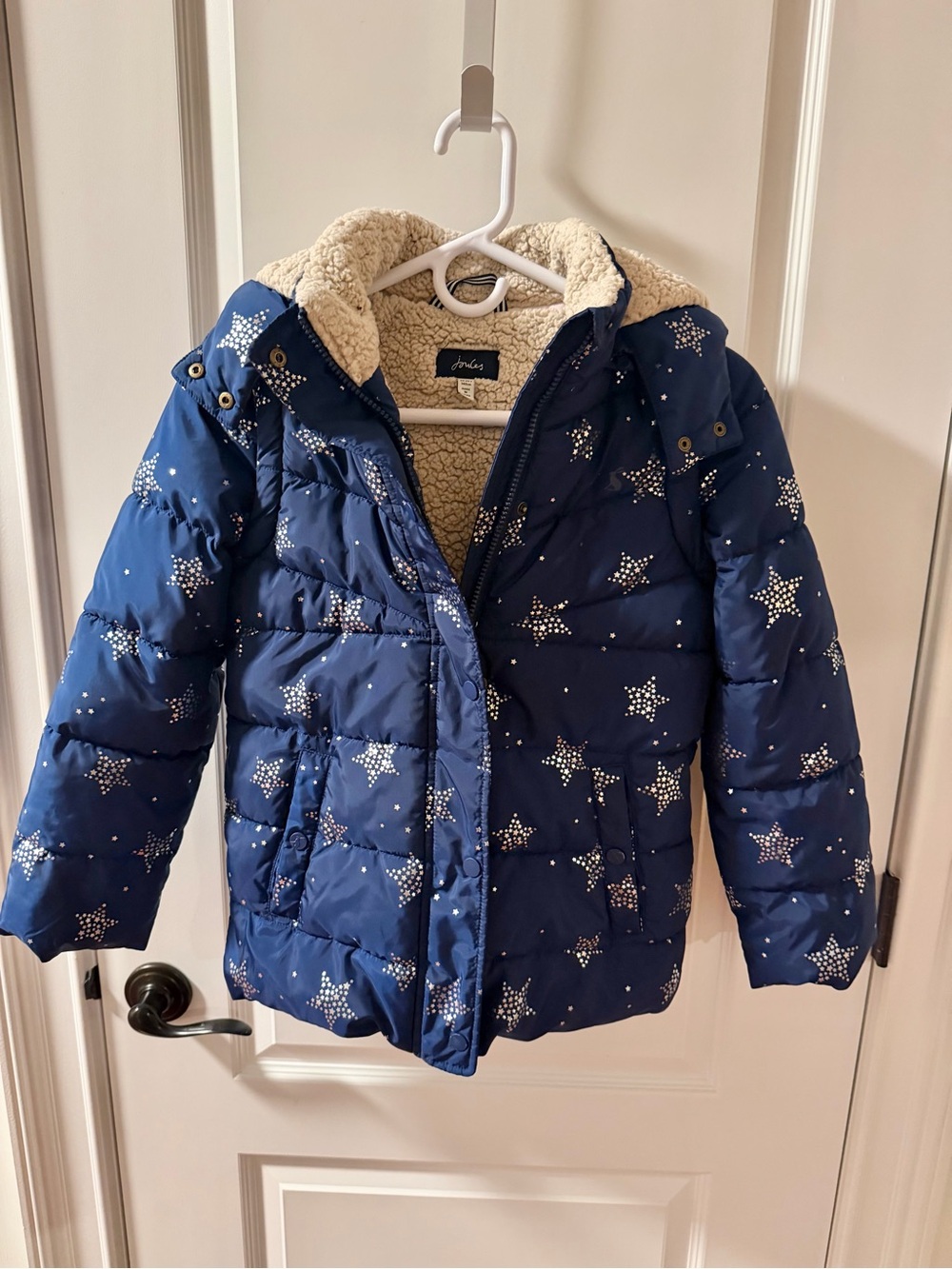 Joules Navy Star-Print Quilted Puffer Jacket with Sherpa Hood